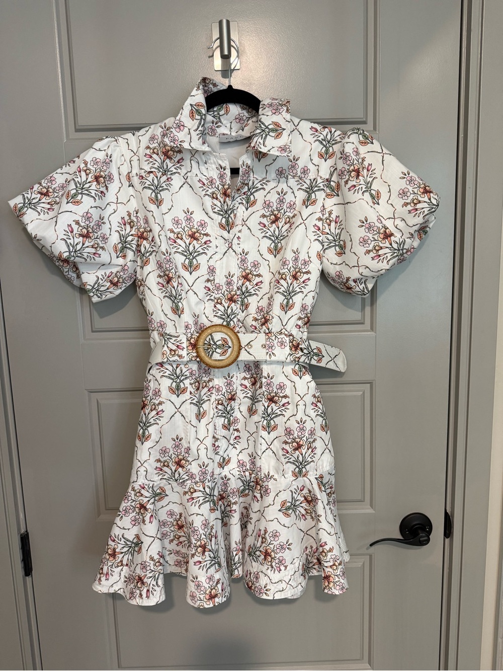 White Floral Puff-Sleeve Kids Dress with Belt